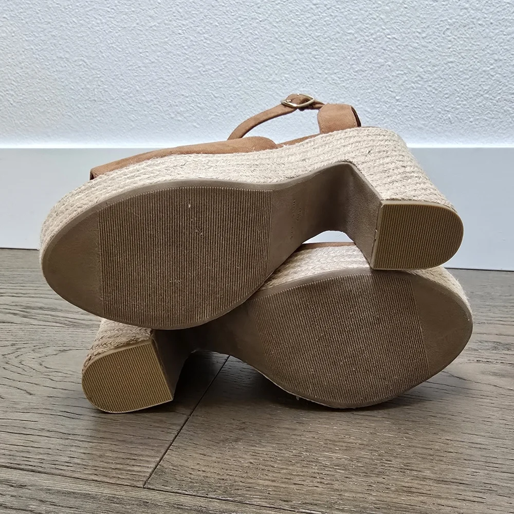 Sun + Stone Fey Platform Ankle Strap Espadrille Block Heel Sandal in Cognac